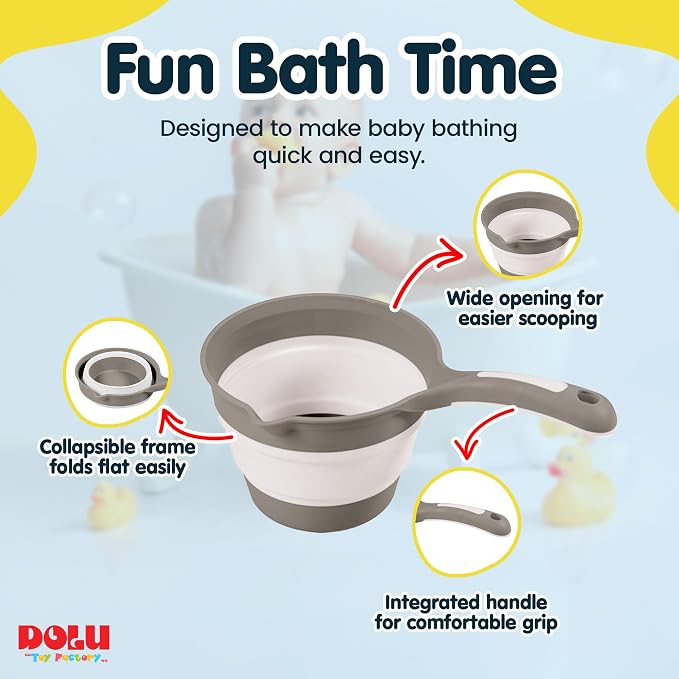 DOLU Foldable Bath Ladle for Compact Toddler Wash Tub, Portable and Space Saving Design Ideal for Ages 6 Months and Older, Grey