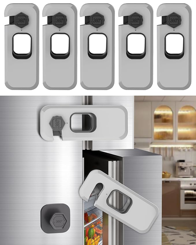 5 Pack Fridge Locks with Self Adhesive, Refrigerator Latch for Kids, Toddlers and Children, Child & Baby Proofing Freezer Door Lock for, Cabinets and Drawers, Oven, Windows