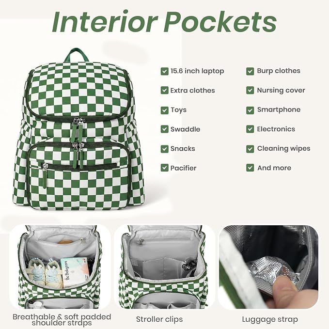 FHELAD Checkered Diaper Bag Backpack with Changing Pad & Stroller Clips, Large Travel Baby Diaper Bag for Newborn Moms, Baby Shower Gifts (Dark Green)