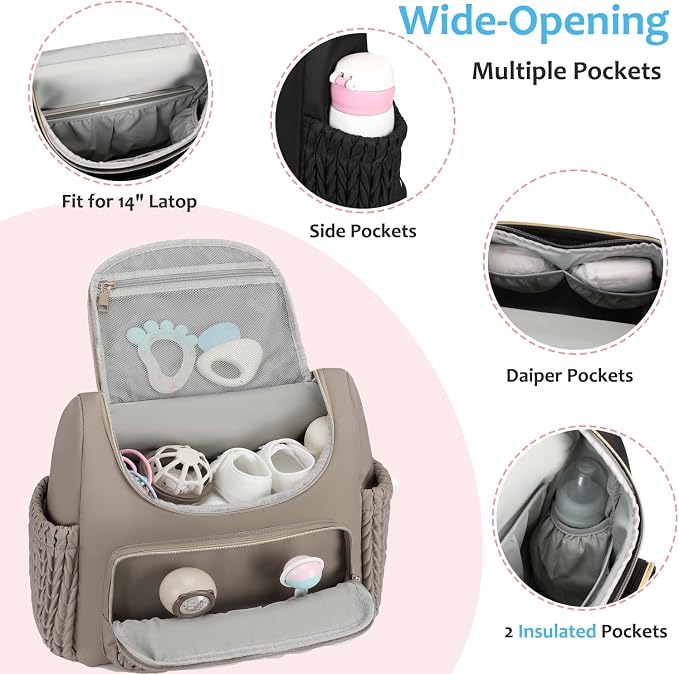 LORADI Diaper Bag Backpack, Baby Shower Gifts, Khaki | Stroller Clips, Insulated Pockets, Water-resistant, Easy to Clean, Durable