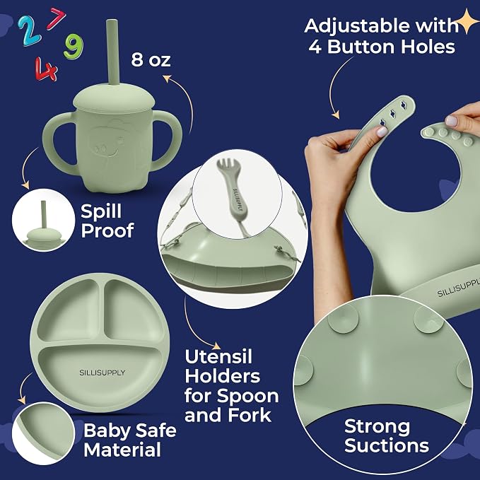 SilliSupply Silicone Baby Feeding Set with Utensil Holders & Catch Compartment - Innovative Weaning Kit with Bib, Spoon, and Suction Mat