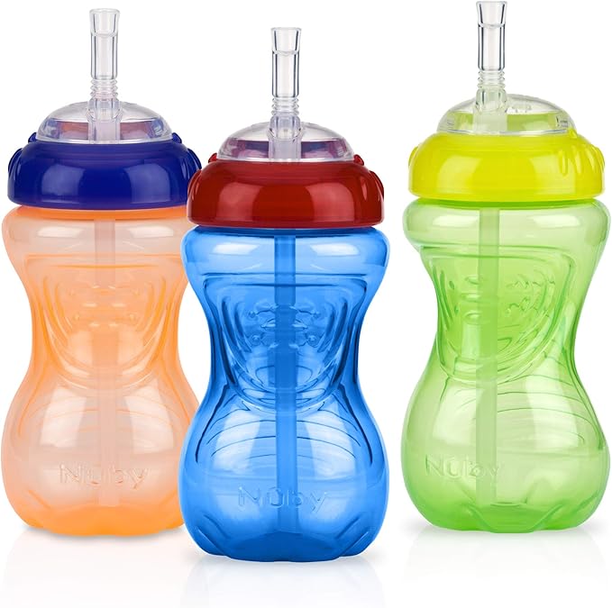 Nuby No-Spill Sippy Cup with Flex Straw - (3-Pack) 10-Ounce Bottles - Sippy Cups for Toddlers 12+ Months - Neutral Color Training Cups for Toddlers