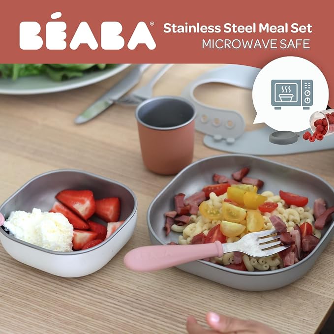 BEABA Stainless Steel Meal Set | Microwave and Oven Safe | Baby Plates Baby Bowls and Cup with Anti-Slip Silicone Cover | Kids Plates Non Toxic, Terracotta