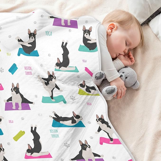 Ollabaky Cute Yoga Dogs Boston Terrier Baby Blanket for Boys Girls Cotton Throw Blanket Swaddle Blanket for Crib Stroller Nursery Receiving Blanket Infant Toddler Unisex 30"x40"