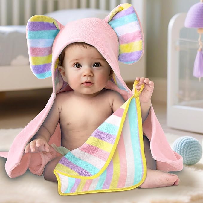 VOOVA & MOVAS Cute Elephant Ears Hooded Towel for Baby ??100% Cotton, 420GSM, Thick & Super Absorbent ??33" x 31.5", Pink ??for 0??8 Months ??Large Towel for Newborn, Toddler, Infant, Essential