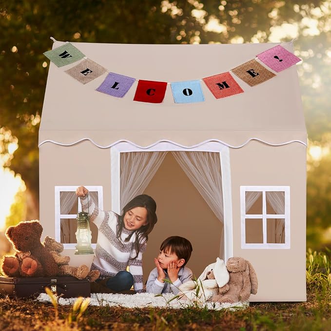Kids Tent with Mat,Play House for Kids Indoor Outdoor,Play Tent Princess Fort Castle Playhouse for Girls Boys (Beige(Wave))
