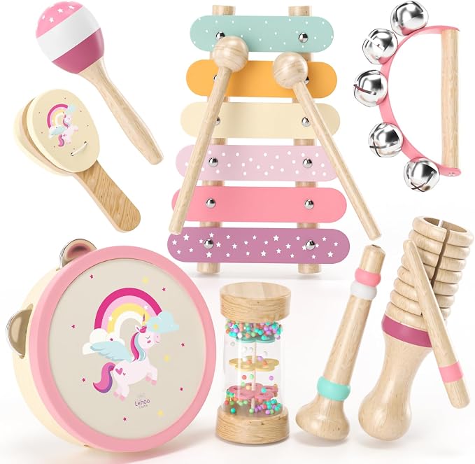 Baby Musical Instruments for Toddlers 1-3, Montessori Wooden Toys for 1 Year Old, Xylophone Maracas Percussion Set with Storage Bag, Learning Toys for Boys Girls Age 2-4, Christmas Birthday Gift, Pink