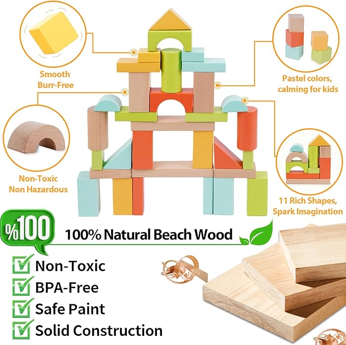 FCSONU Wooden Building Blocks for Toddlers 1-3, 100 Pcs Wood Blocks Set - Sorting & Stacking Toys with Storage and Lid, Kid Montessori Toys Ages 2+, Christmas 1st Birthday Gifts for Boys Girls Baby