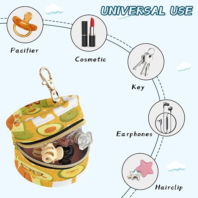 Pacifier Holder with Clip Pacifier Case for Diaper Bag Round Baby Pacifier Pouch Box Bag Portable Avocados Cool Orange