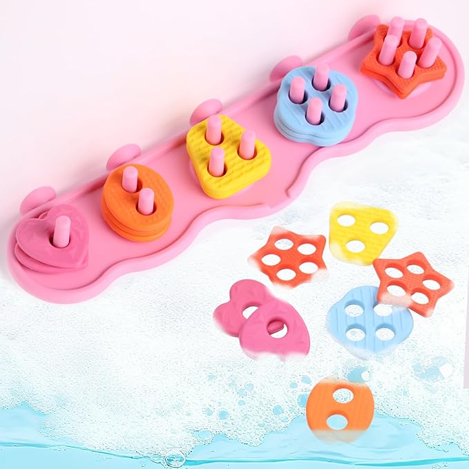 Toddler Bath Toys, Mold Free Silcone Shape Sorting & Stacking Bath Toy Set with 20 Textured Floating Pieces, No Hole Design, Silicone Color & Shape Sorter for Baby Early Learning Bathtub Fun