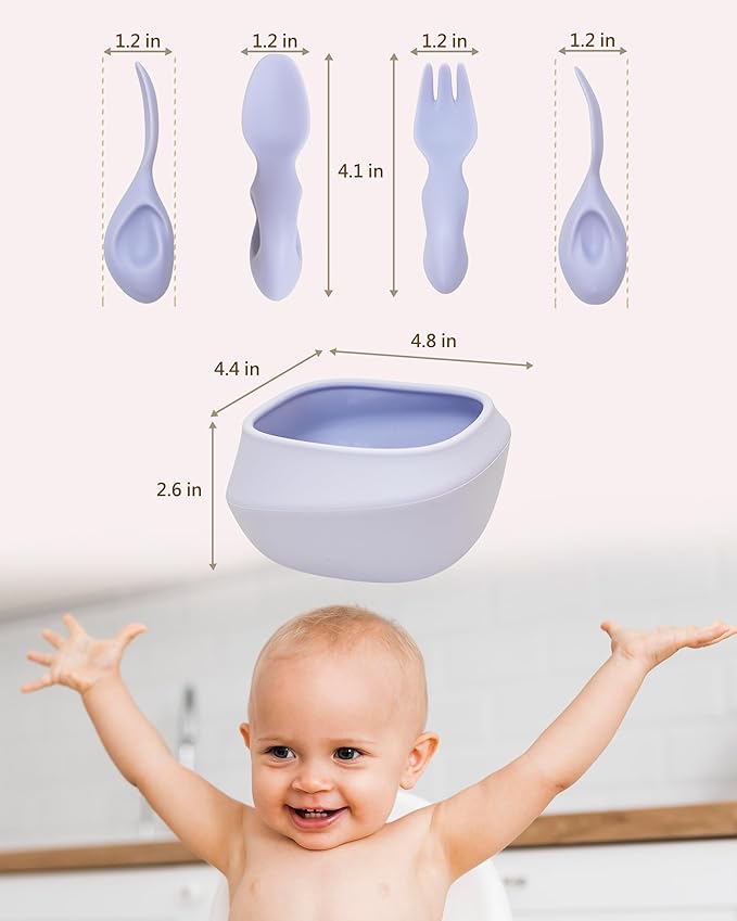 Toddler Utensils Set Ergonomic Fork and Spoon and Bowl Set Non-Slip Design for baby 1-4 Year Olds Self-Feeding BPA Free Silicone Microwave and Dishwasher Safe Fine Motor Skills (Purple)
