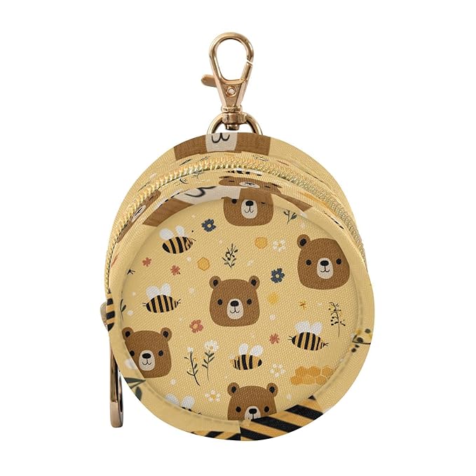Pacifier Holder with Clip Pacifier Case for Diaper Bag Round Baby Pacifier Pouch Box Bag Portable Cute Brown Bear Bees Yellow