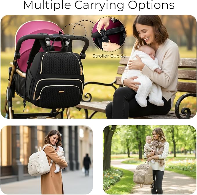 MAPLELILY Diaper Bag Backpack with Changing Pad, Quilted Large Baby Bag for Mom and Dad, Travel Backpack Diaper Bag with Insulated Pockets & Stroller Straps, Hospital Maternity Registry, Brown