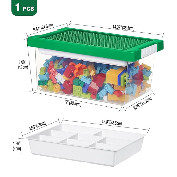 loobuu Plastic Storage Bins with Lids - 1 Set Stackable Arts Crafts Organizer Box with Removable Divided Tray &Compatible Building Baseplate,Toy Chest Containers for Bricks - (14.37"x9.64"x6.69")