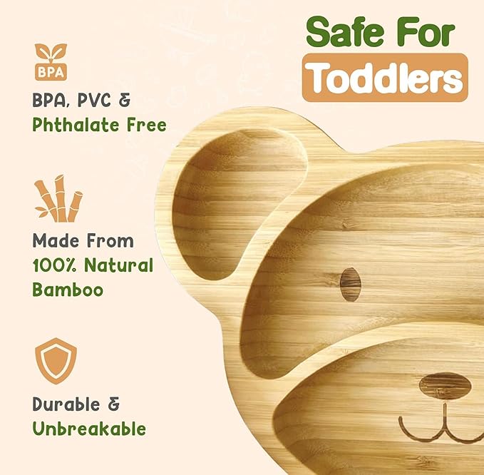 Bamboo Plates for Kids - Baby & Toddler Plates with Suction for Feeding & Weaning, Eco-Friendly Bear Design Promotes Self-Feeding, Ideal for Busy Moms & Dads, Sturdy & BPA-Free (Mint)