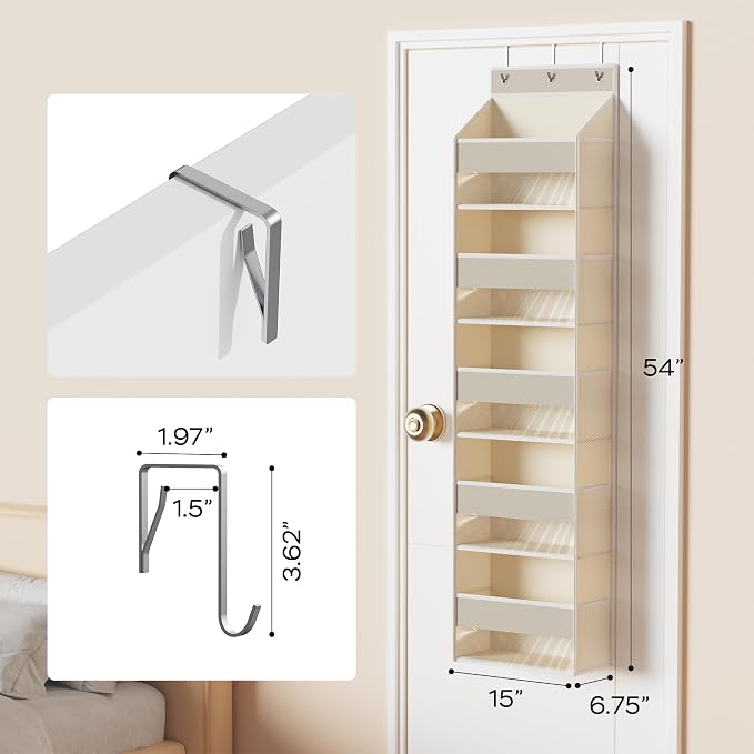 MAX Houser 5-Shelf Over The Door Hanging Organizer with 3 Metal Hooks, 5 Pocket Swing-Proof Behind Door Organizers with Clear Windows for Nursery Bathroom Closet,Dorm,Baby Diapers (Beige)