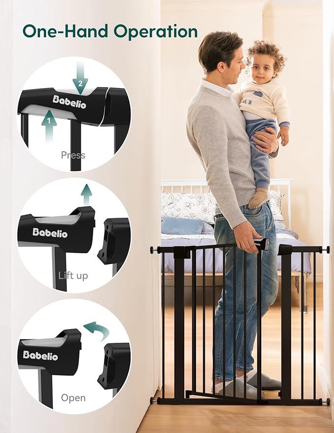 Babelio 36" Tall Baby Gate, 26-40" Wide Auto Close Pet Gate, PressGuard C5 Pressure Mounted Metal Dog Gate, Easy-Install No Drilling, No Tools Needed, with Wall Protectors and Extension Kits, Black