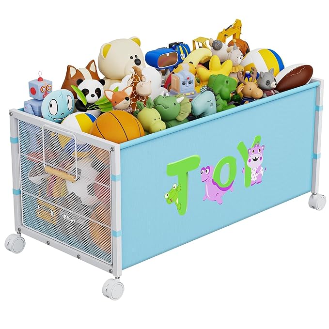 Large Toy Box with Wheels, 120L Toy Boxes for Extra Large Metal & Oxford Cloth Toy Chest Toy Organizer with Wooden Handle for Bedroom, Living Room Area, Stuffed Toys, Clothes(Blue, 1PC)