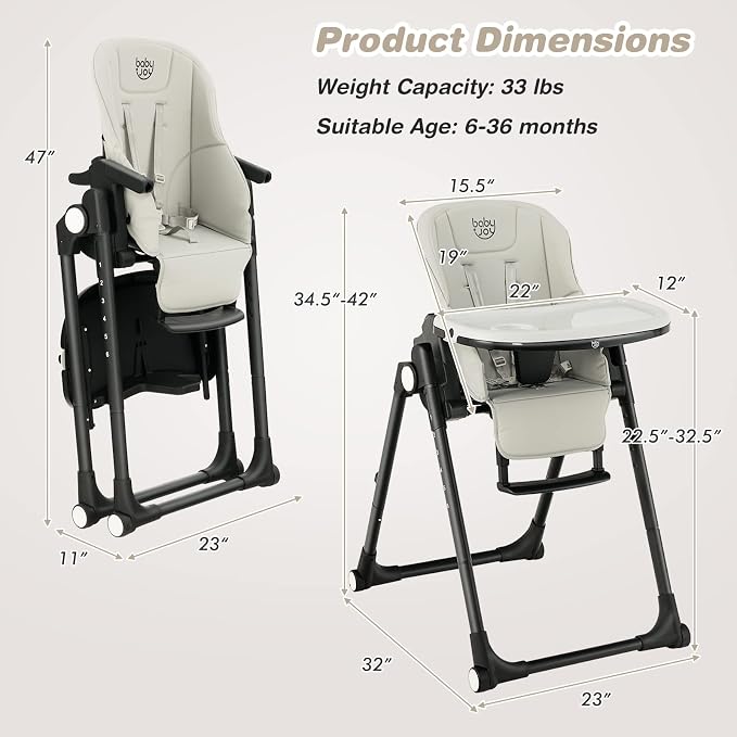 BABY JOY High Chair for Babies & Toddlers, Foldable Highchair with Adjustable Backrest/Footrest/Seat Height, Double Removable Trays, Detachable Seat Cushion, Wheels, Aluminum Frame (Gray)