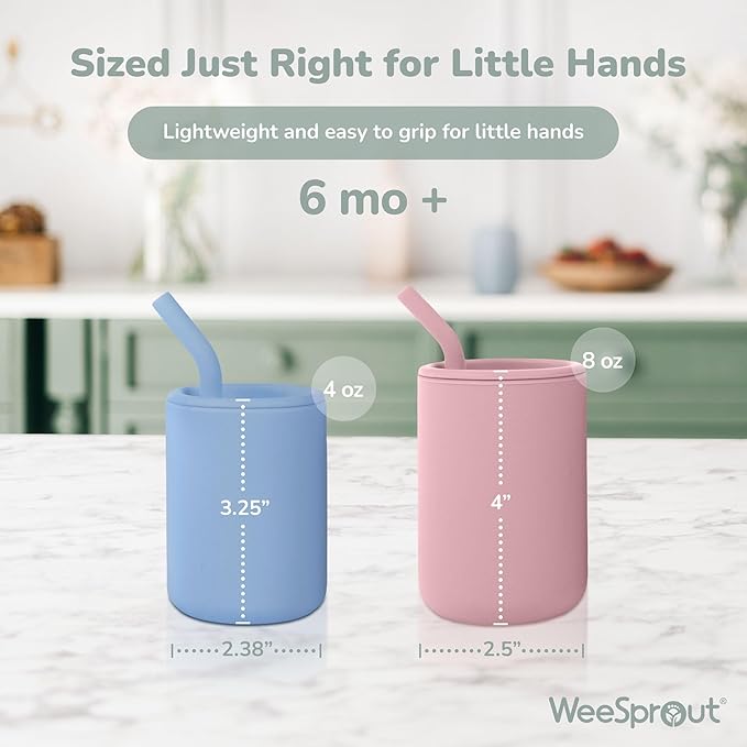 WeeSprout Silicone Baby Cups With Straws and Lids, 4 & 8 oz Options, Set of 2, Food Grade Toddler Training Container, Built In Straw Stoppers, Measurement Markings, Dishwasher Safe + Straw Cleaner