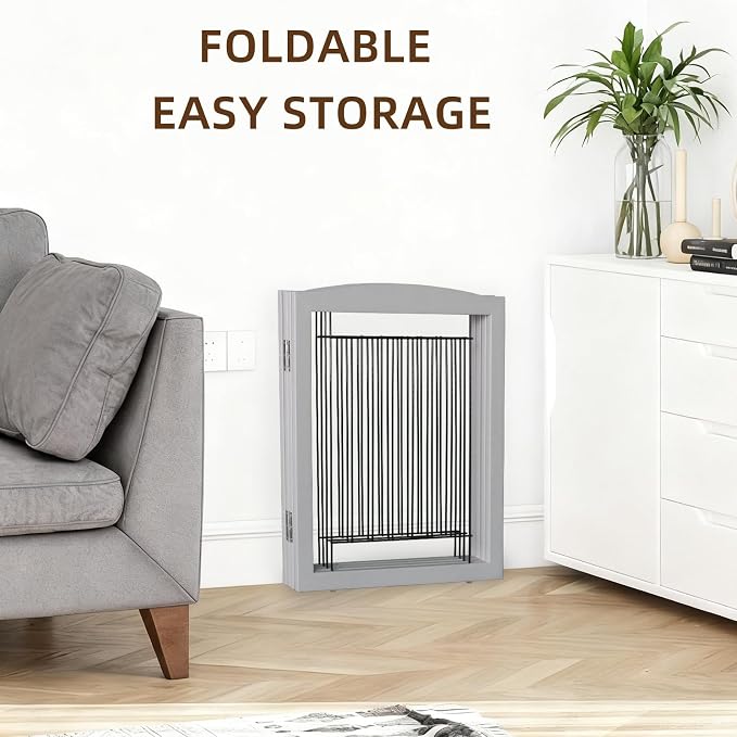 ZJSF Freestanding Foldable Dog Gate for House Extra Wide Wooden Grey Puppy Gate Stairs Dog Gates Doorways Tall Pet Gate 24" Height 3 Panels Pet Fence