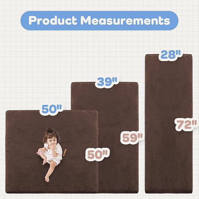 1.3" Thick Baby Floor Play Mat 50x50, Basic Padded Foam Mat for Tummy Time Crawling, Non Slip Cushioned for Babies Toddlers Infants Kids (Brown)