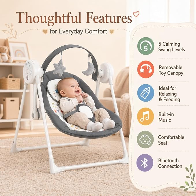 Baby Swing SpaceSaver Ultra-Compact Foldable Infant Swing (Fits in 5.3" Gaps!) 6 Speed Modes | Portable Newborn Swing for Travel/Car/Picnic (0-6M, 6-20lbs)