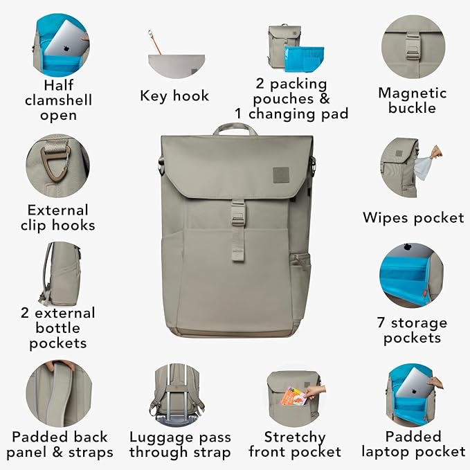 Huhu Diaper Bag Backpack – Large Baby Bag for Moms & Dads – Water-Resistant, Unisex Travel Kit for New Parents – Includes Changing Pad and 2 Organizer Pouches (Daybreak Taupe)