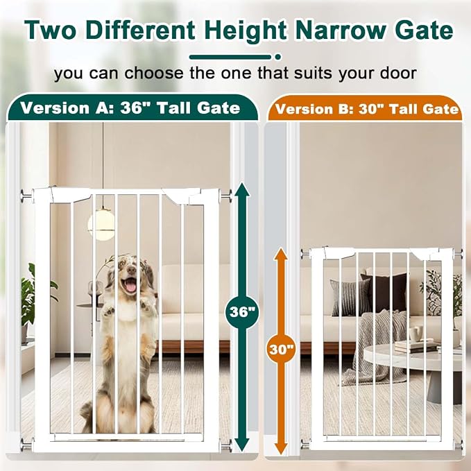 Fairy Baby 36" Tall Narrow Baby Gate, 22.8"-25.5" Narrow Pet Gate for Small Opening, Pressure Mounted Small Dog Gate for Doorways Walk Thru, Auto Close No Drill Metal Safety Child Gate, White