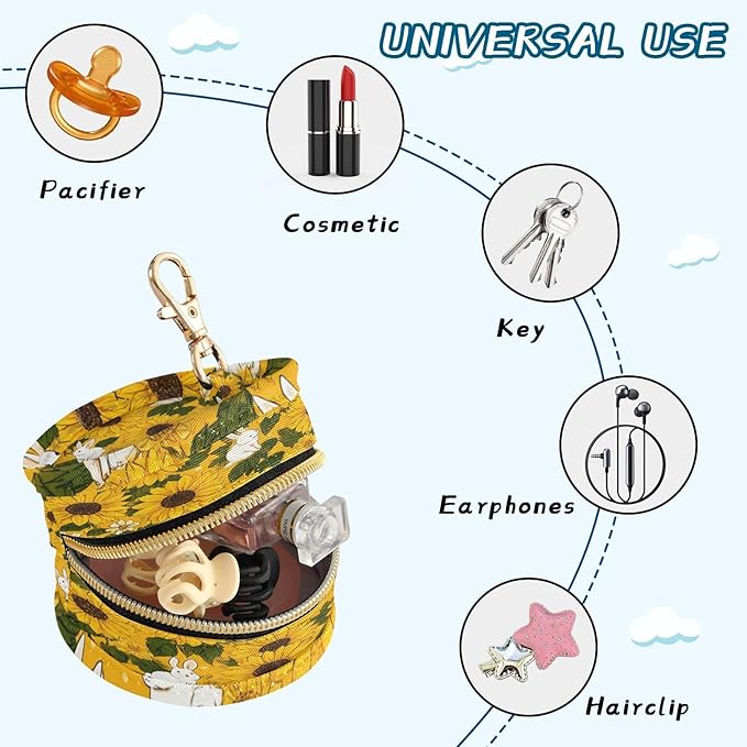 Pacifier Holder with Clip Pacifier Case for Diaper Bag Round Baby Pacifier Pouch Box Bag Portable Autumn Sunflower and Cute Rabbit