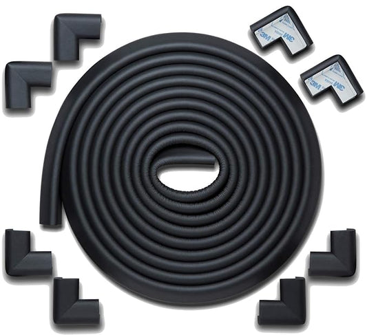 Roving Cove HeftyFit Edge Corner Protector Baby Proofing (Large 18ft Edge 8 Corners), Heavy-Duty, Soft NBR Rubber Foam, Furniture Fireplace Safety Bumper Guard, 3M Adhesive, Onyx Black