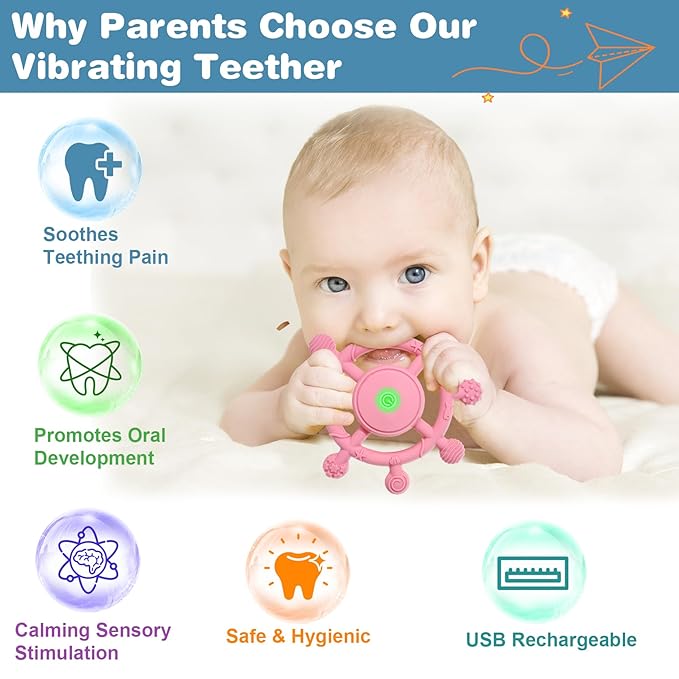 YOFUN 3-Speed Vibrating Baby Teether ??Soothing Silicone Teething Toy for Infants 3M+, Food-Grade, USB Rechargeable ??Soft & Safe Gum Relief for Babies (Pink)