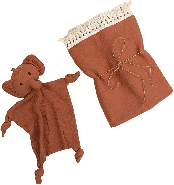 Baby Lovey - Cotton Muslin Security Blanket with Tassel for Newborns Elephant Lovey for Babies Soft Nursing Cover Breathable Nursery Decor, 47"x47" (Brown)