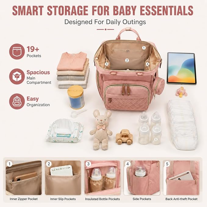 Black Diaper Bag Backpack, Multifunctional Waterproof Mommy Bag with Changing Pad, USB Port, Stroller Straps, Large Capacity Baby Travel Bag (pink)
