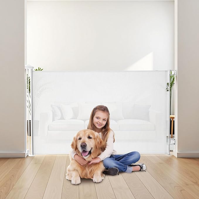 VEVOR Retractable Baby Gate, Extends to 56.3 inch Wide, 31.3 inch Tall, with Security Lock, Easy to Use, Walk Through Without Tripping, Mesh Dog Gate for Stairs, Hallways, Indoor/Outdoor, White