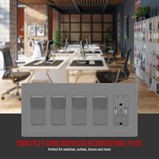 ENERLITES Screwless Decorator Switch Cover, Five Gang Outlet Wall Plate, Standard Size 5-Gang 4.68" x 10.14", Unbreakable Polycarbonate Thermoplastic, UL Listed, SI8835-GY, Gray