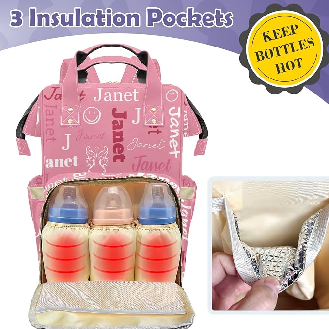 Custom Diaper Bag with Name Personalized Multifunctional Mommy Backpack for Daughter Granddaughter, Pink Daypack Bag for Travel