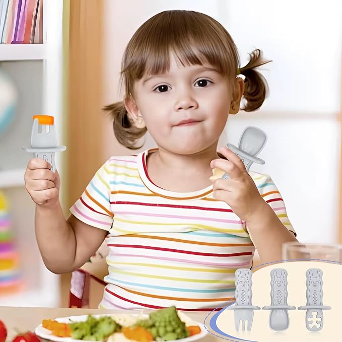 Baby Feeding Utensil Set, 3-piece Silicone Spoon, Fork & Training Feeder for Toddlers (Beige)
