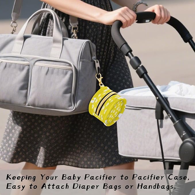 Pacifier Holder with Clip Pacifier Case for Diaper Bag Round Baby Pacifier Pouch Box Bag Portable Bright Yellow Paw Prints