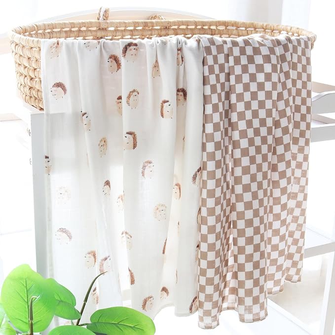 LifeTree Baby Swaddle Blankets, Boys Girls Muslin Swaddling Wrap Receiving Blanket for Newborn, 70% Viscose from Bamboo and 30% Cotton, Large 47" x 47", Hedgehog and Checkered