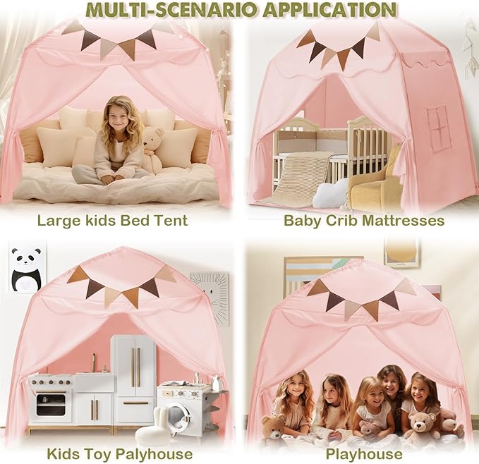 Extra Large Toddler Bed Tent & Kids Play Tent Bed Tent with Flags & Star Lights, Portable & Foldable Teepee, Indoor Outdoor Dome Tent Playhouse, 59x39x59 in,Pink