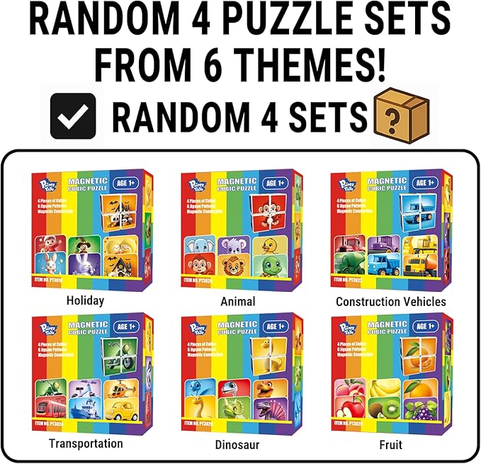 Pairez Toys Random 4 Sets of Magnetic Blocks for Toddlers, 4 Packs Total 16 PCS & 24 Patterns, Magnetic Puzzles for Kids 1-3, Preschool Learning Classroom Must Haves Puzzle Toys