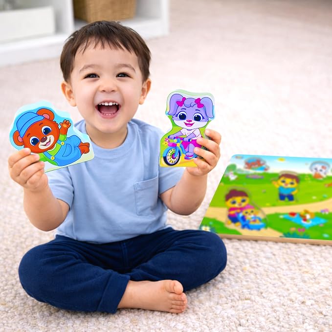 Lucas & Friends Wooden Family Puzzle for Toddlers 2-4, 6-Piece Montessori Matching Board, Extra-Thick Easy-Grip Pieces, Preschool Social Learning Toy - 12” x 9”
