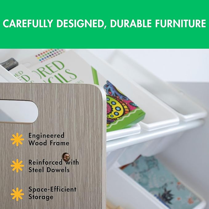 Humble Crew 9-Bin Toy Organizer ??Hampton Sandwashed with White Plastic Bins, 3-Tier Storage Solution for Kids' Playrooms and Nurseries