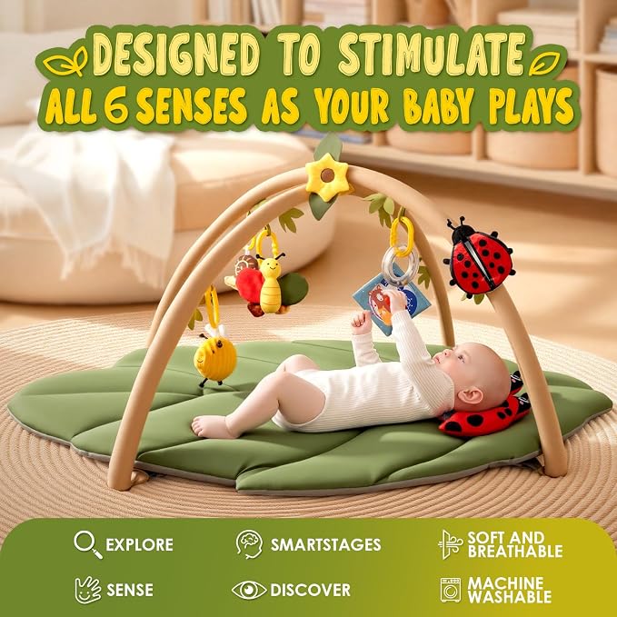 Baby Play Mat,Oversize Leaf Shaped Tummy Time Mat with 7 Detachable Toys-Activity Gym for Visual,Auditory & Motor Development-Washable Baby Activity Mat for 0-18 Month Infants