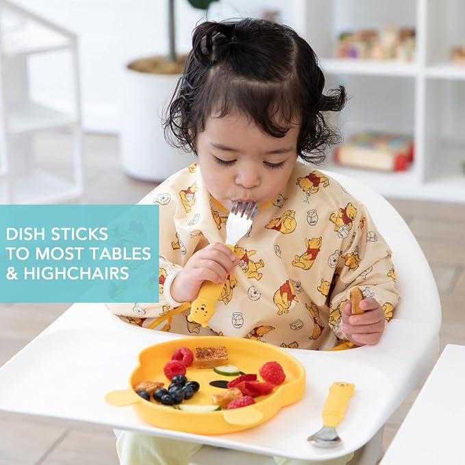Bumkins Disney Winnie the Pooh - Silicone Grip Dish, Fork & Spoon - For Ages 18 Months+ - Suction Base - 100% Food-Safe Silicone - Freezer, & Dishwasher Safe