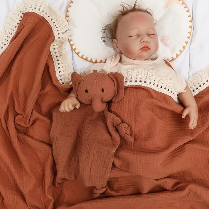 Baby Lovey - Cotton Muslin Security Blanket with Tassel for Newborns Elephant Lovey for Babies Soft Nursing Cover Breathable Nursery Decor, 47"x47" (Brown)