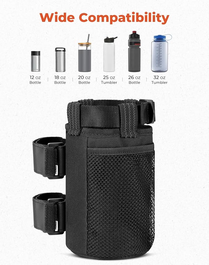 KEMIMOTO 1 Pack Cup Holder, Roll Bar Cup Holder for UTVs Wheelchair Scooter Walker Rollator Bike Golf Cart Boat with Mesh Pockets and Sticky Straps