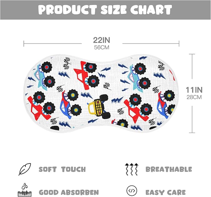 vvfelixl Muslin Burp Cloths Monster Truck Cartoon Baby Washcloths for Baby Girl Boys 2 Pack