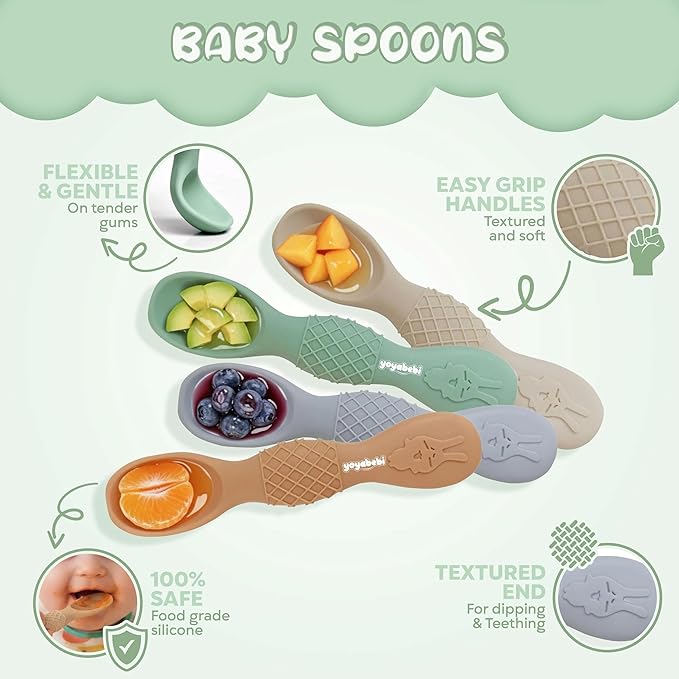 Silicone Baby Spoons self feeding 6 months, infant feeding spoons bpa free, self feeding spoons for babies 6-12 months, gootensils, baby self feeding spoon.